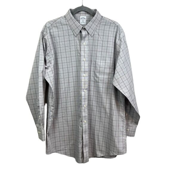 Brooks Brothers 346 Plaid Shirt Slim Fit No Iron Long Sleeves Gray Men Sz 17 2/3 - Picture 1 of 5